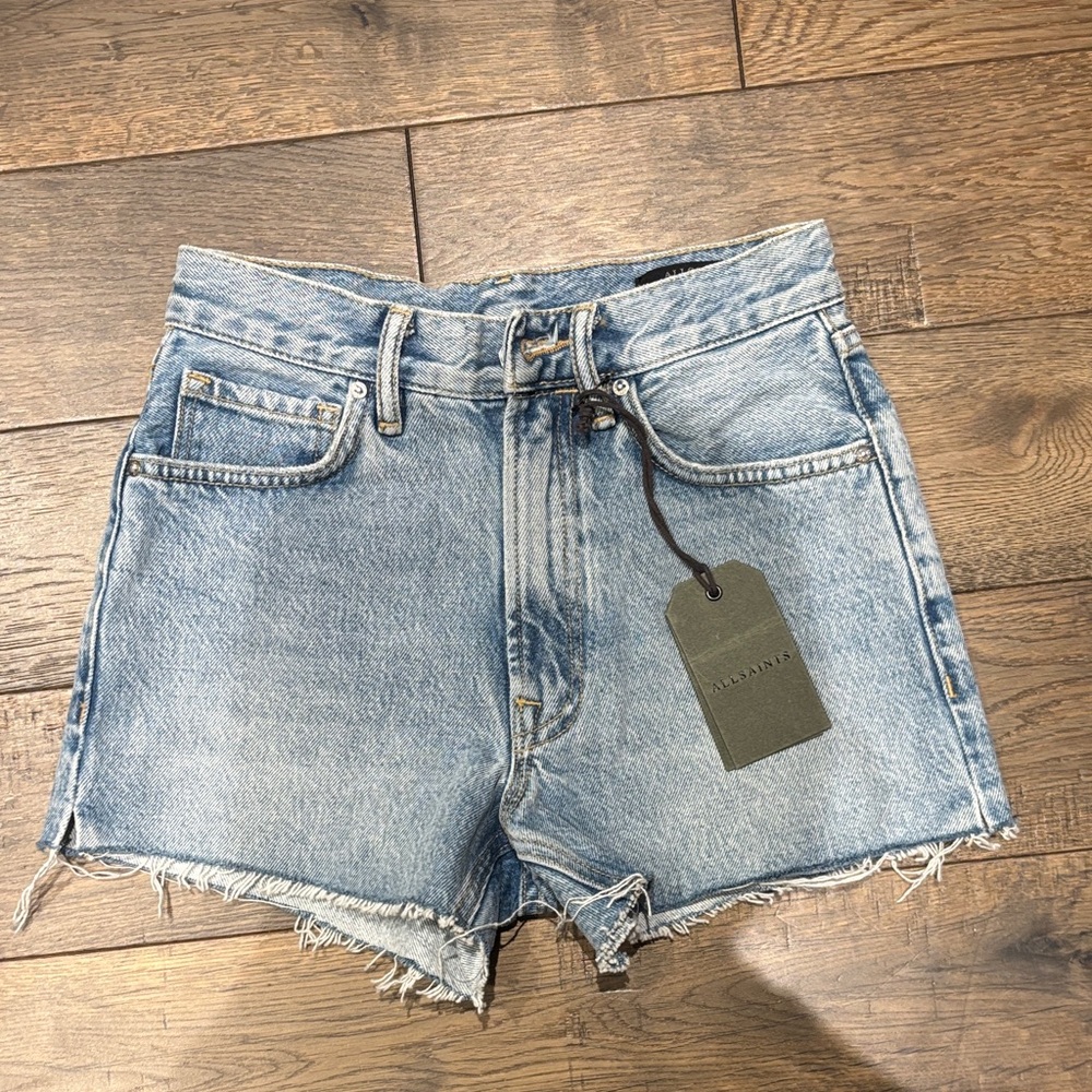 AllSaints Light Blue Distressed Denim Cutoff Shorts